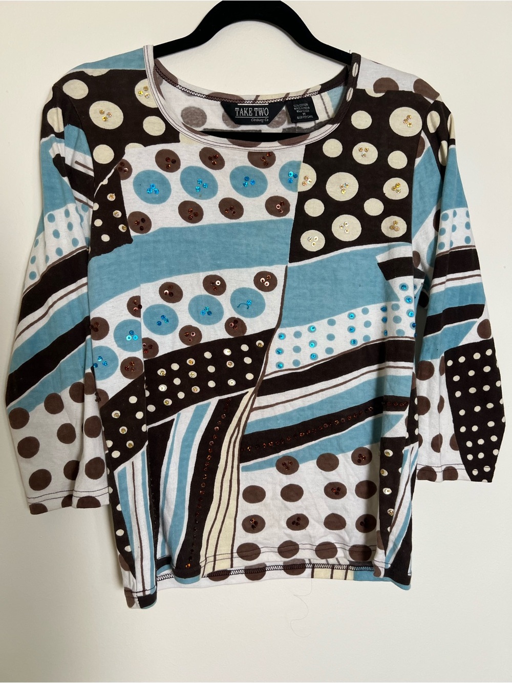 Y2K Quarter Sleeve Sequins Beaded Polka Dot Top